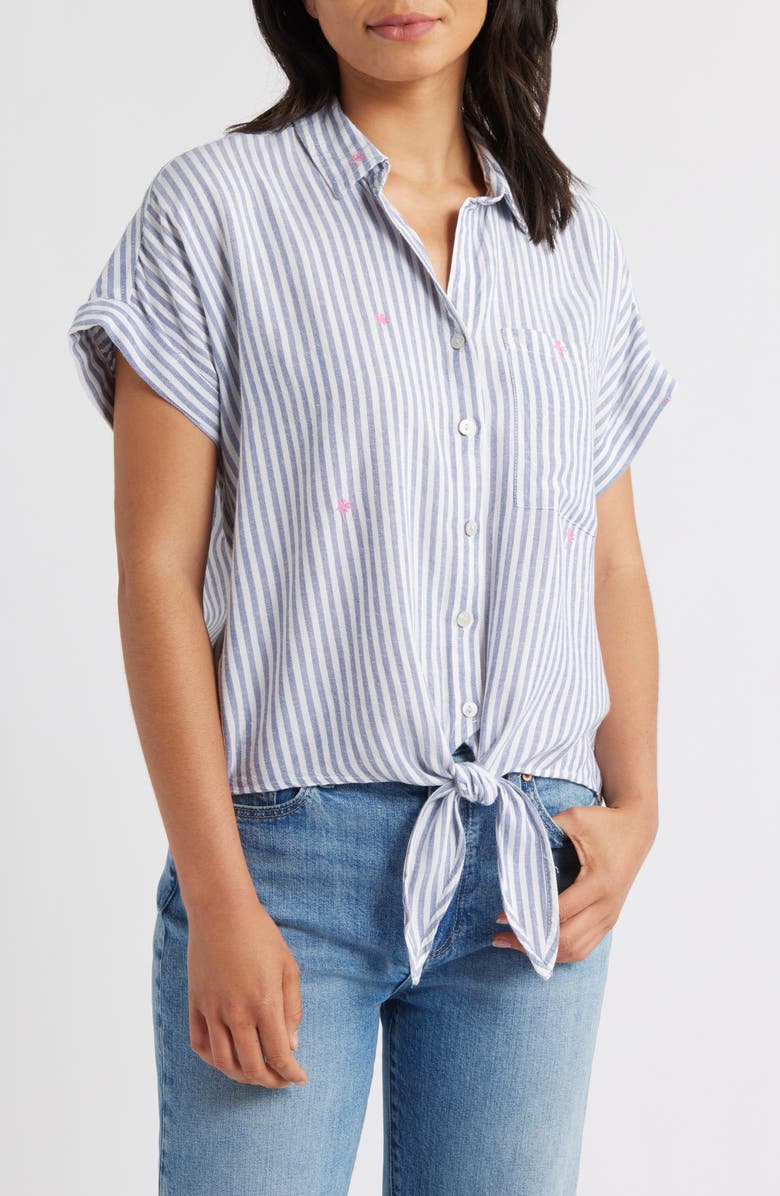 beachlunchlounge Rosie Embroidered Tie Front Short Sleeve Button-Up Shirt, Main, color, Cloudy Palms