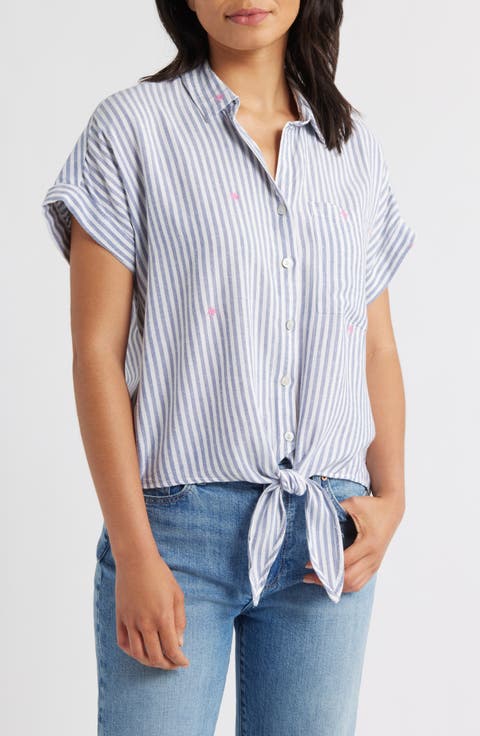 Rosie Embroidered Tie Front Short Sleeve Button-Up Shirt