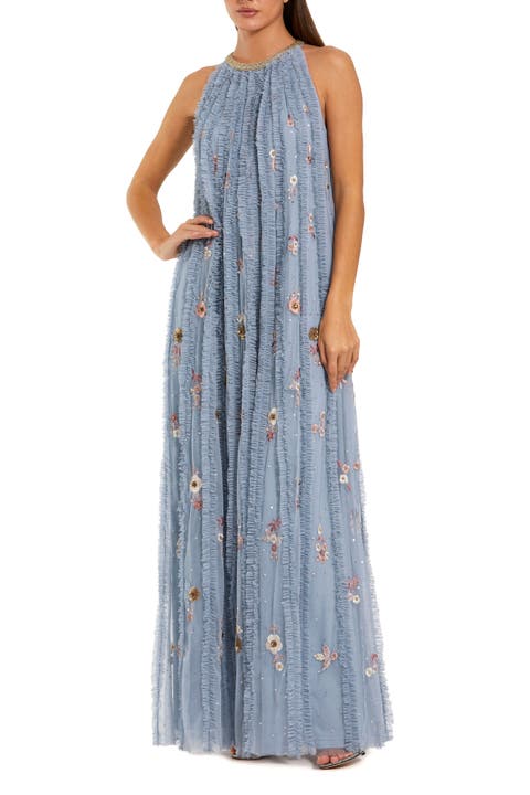 Mesh Trapeze High Neck Dress With Embroidery