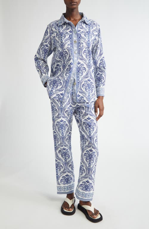 Shop Farm Rio Tropical Print Linen Blend Button-up Shirt In Off-white