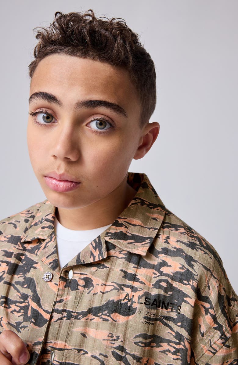 smALLSAINTS by ALLSAINTS Kids' Camo Print Cotton Camp Shirt, Alternate, color, Green