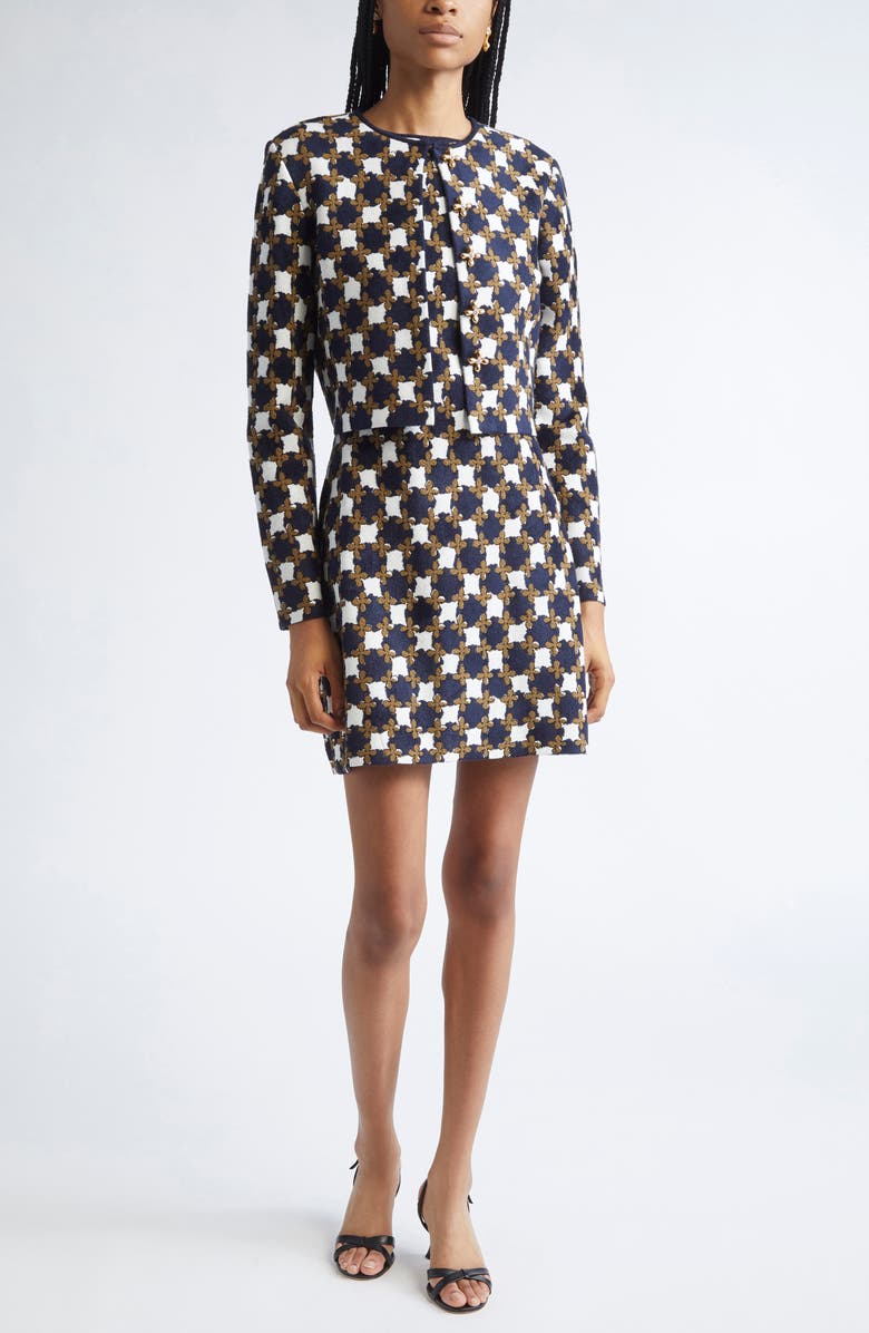 Oscar de la Renta Floral Geometric Jacquard Cardigan, Alternate, color, Cedar/ Navy/ Ivory