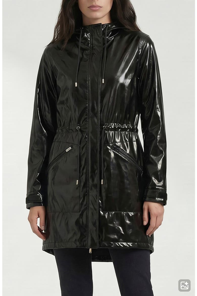Sibil-V Hooded Water Resistant Coated Vinyl Raincoat, Main, color, BLACK VINYL