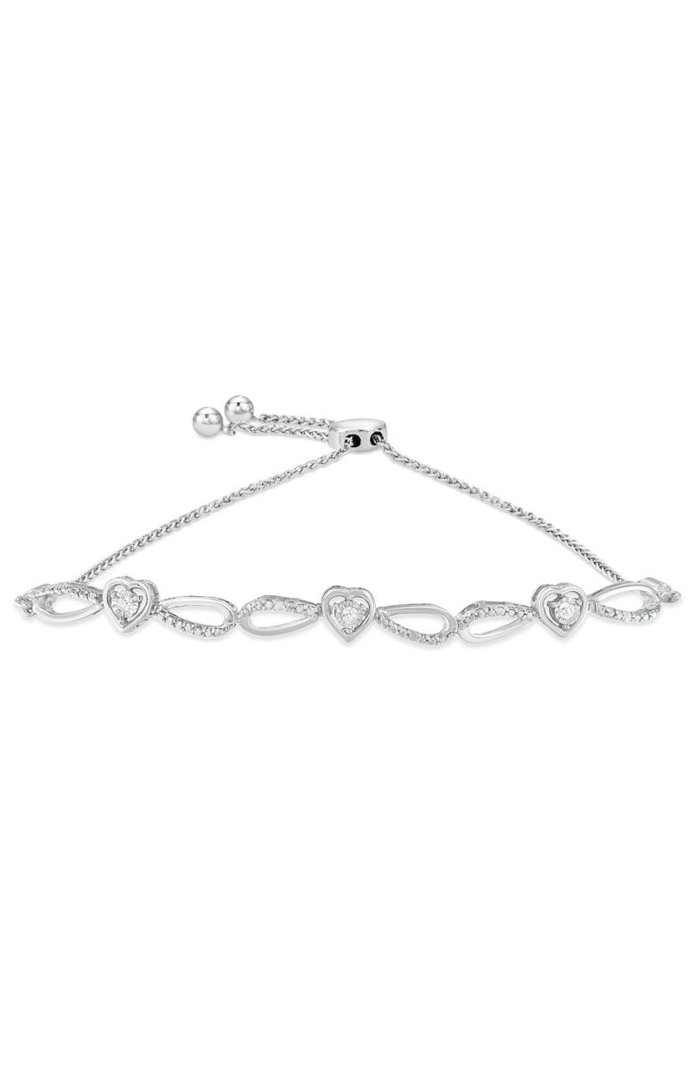 Haus of Brilliance Silver Diamond Accent Heart and Infinity Adjustable Bolo Bracelet, Main, color, White