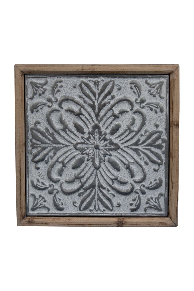 Whitewashed Tin Tile with Wood Frame Wall Decor, Main, color, Gray