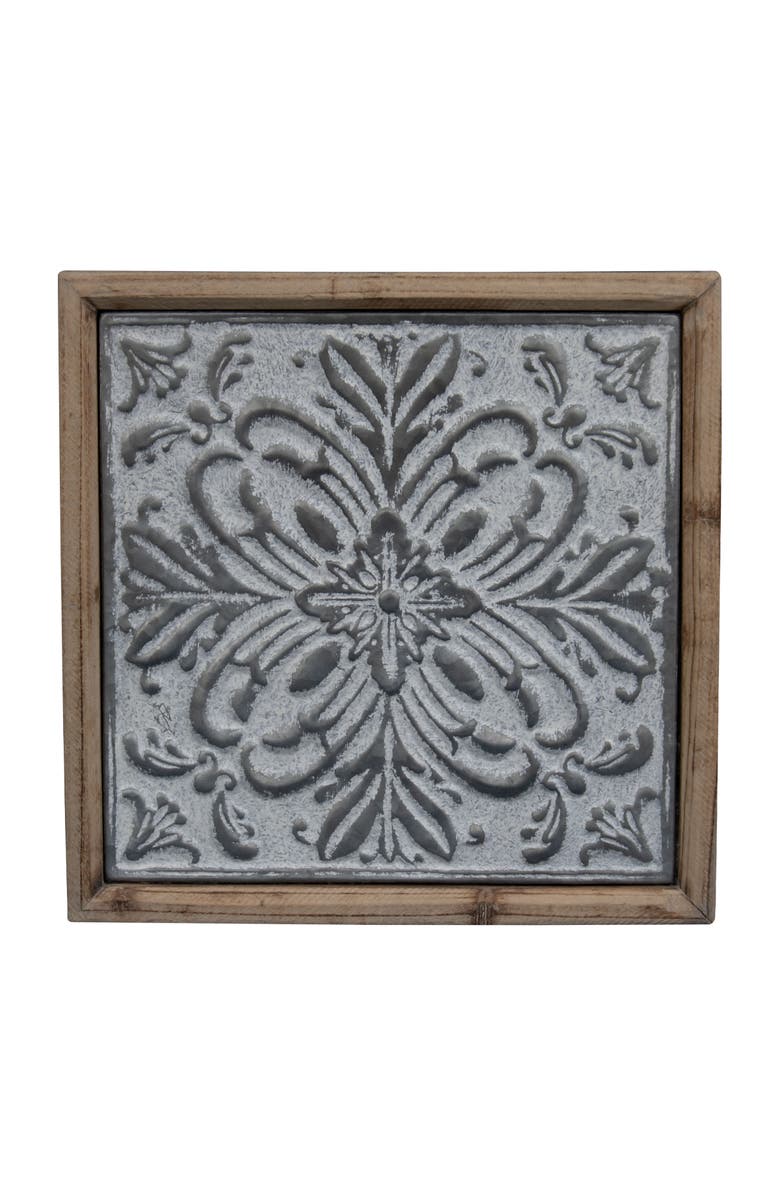 Foreside Home and Garden Whitewashed Tin Tile with Wood Frame Wall Decor, Main, color, Gray
