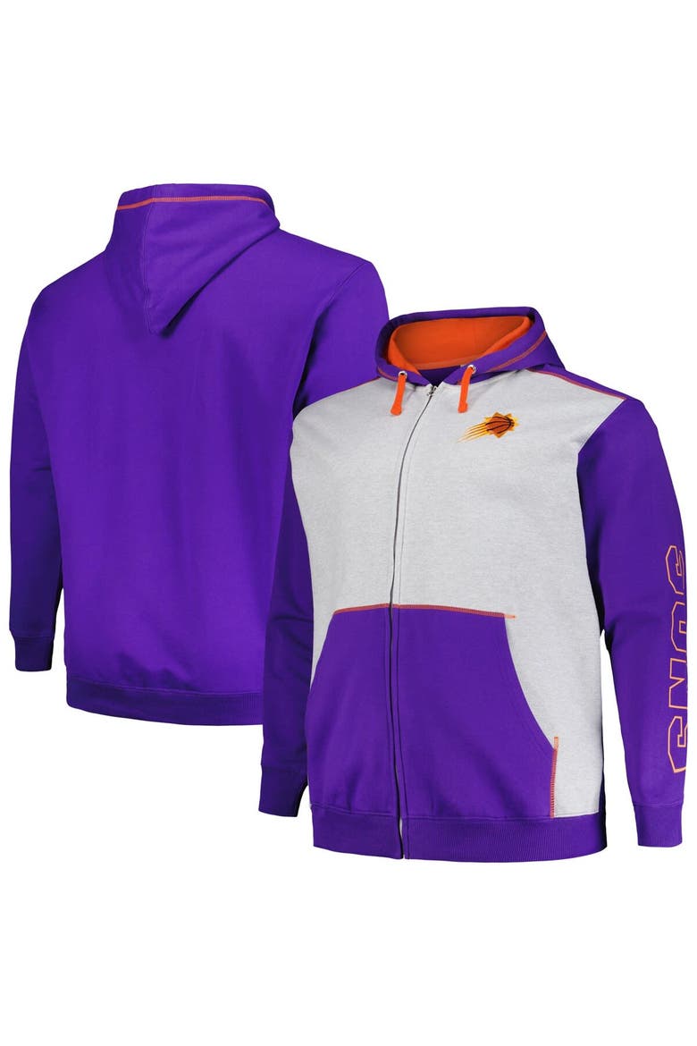 Men's Fanatics Branded Purple/Heather Gray Phoenix Suns Big & Tall Contrast Pieced Stitched Full-Zip Hoodie, Main, color, Purple