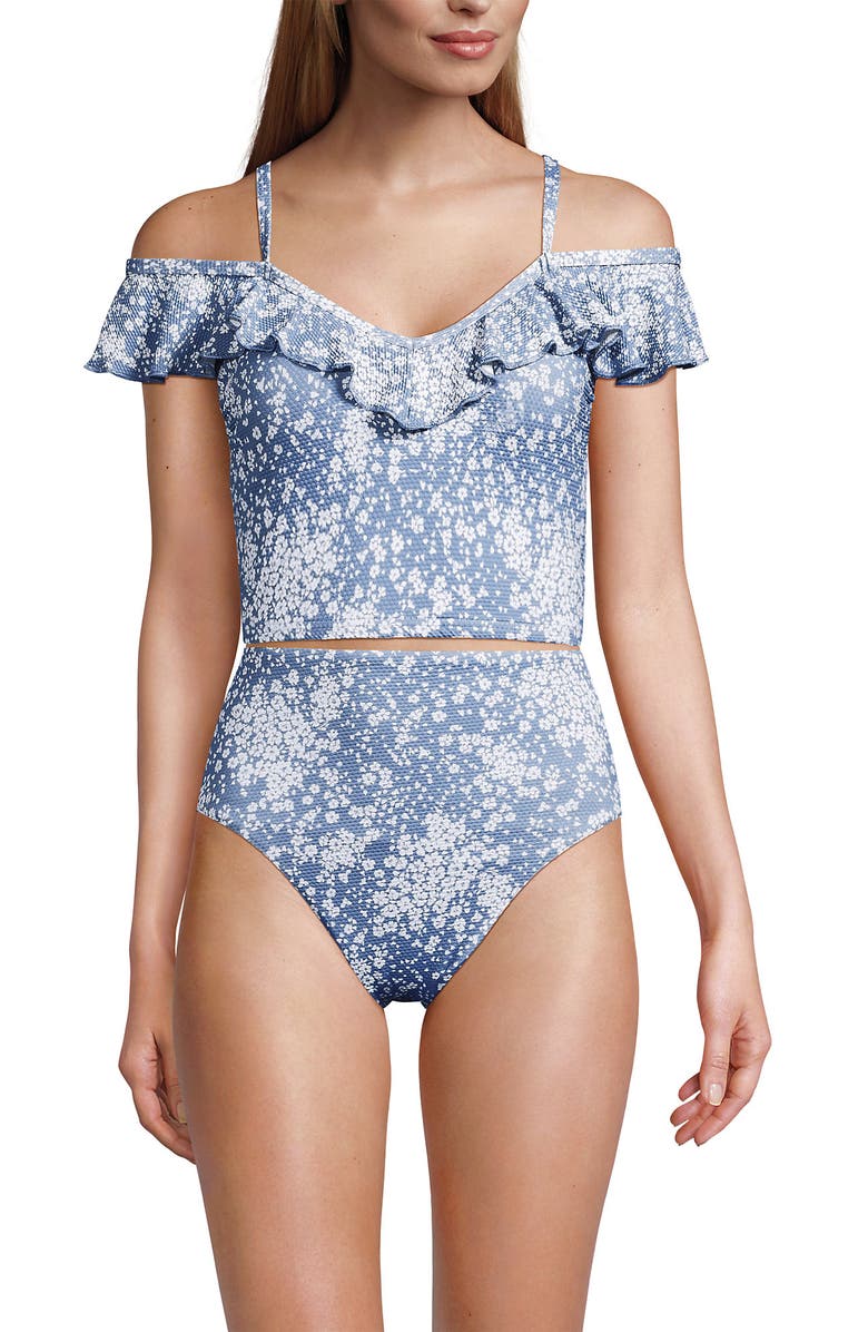 Lands' End Pique Ruffle Tankini Top and High Waisted Bottom Swimsuit Set, Alternate, color, Dusk Sky Meadow Ditsy Floral