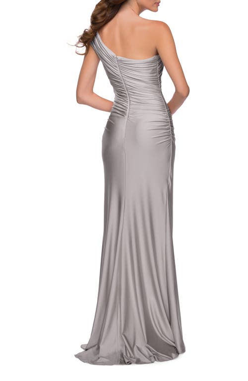 La Femme One Shoulder Shiny Ruched Jersey Dress With Slit