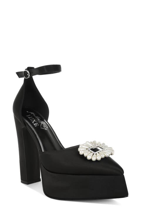 Maeissa Pearly Brooch Ankle Strap Platform Pump (Women)