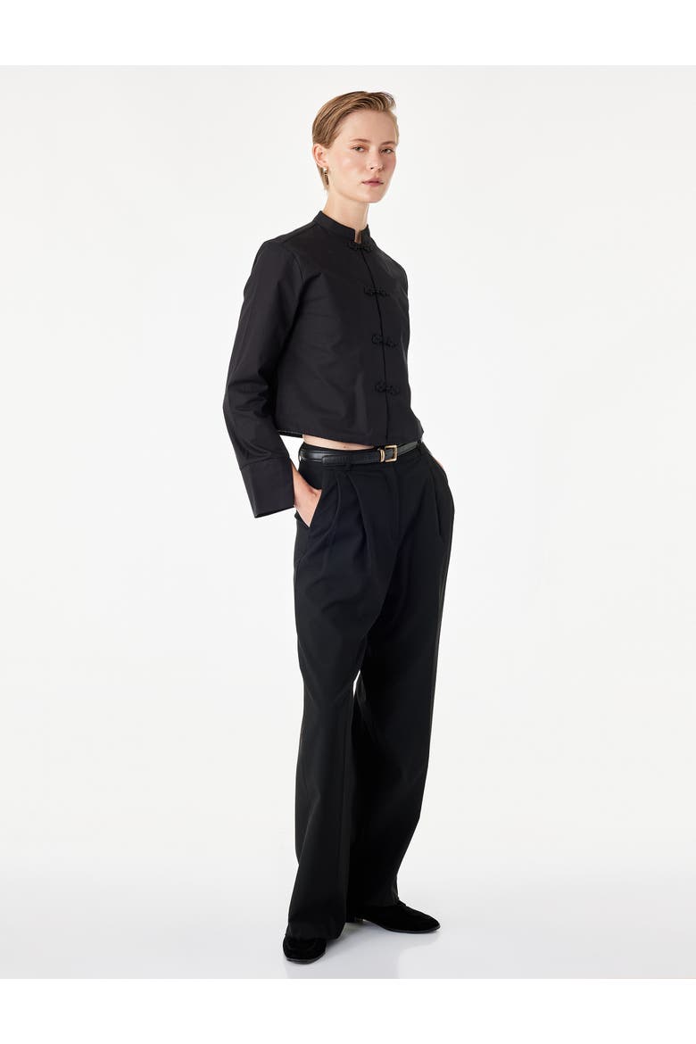 Mandarin Collar Long Sleeve Poplin Shirt With Frog Closure, Alternate, color, BLACK