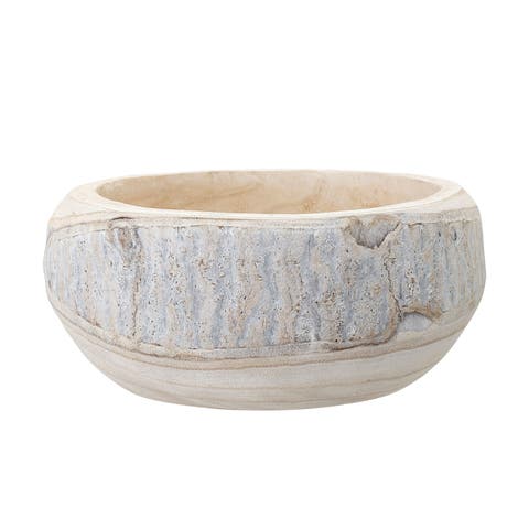 Decorative Hand-Carved Paulownia Wood Bowl, Whitewashed