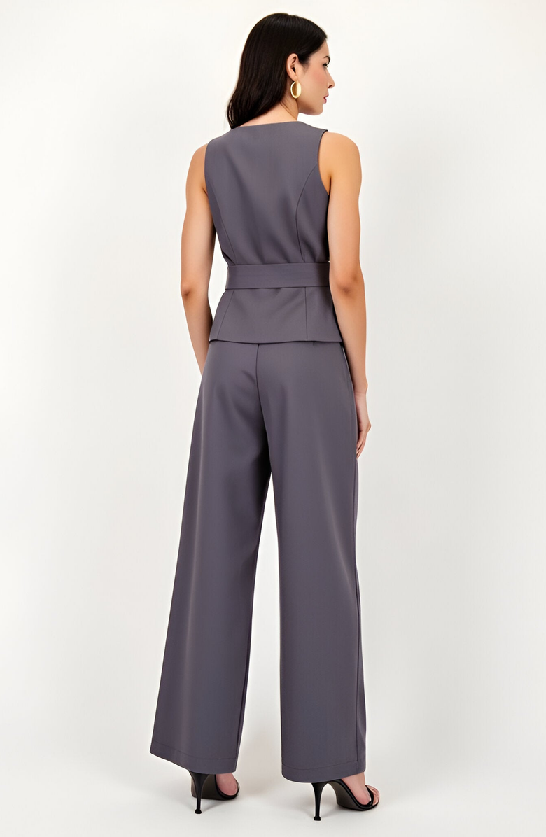 Modenaire Sleeveless Tailored Top with Covered Buttons and Statement Belt, Alternate, color, 