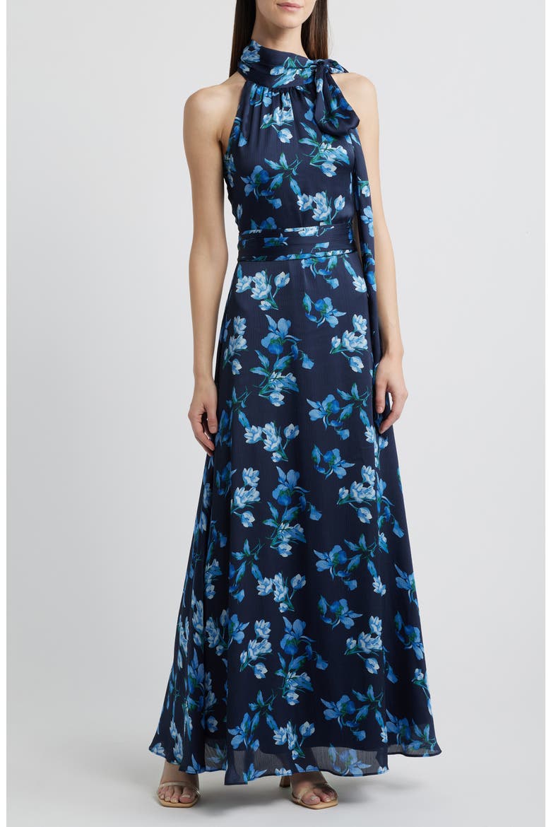 Kayla Floral Crinkle Georgette Halter Gown, Alternate, color, NIGHT SKY VENETIAN PETAL