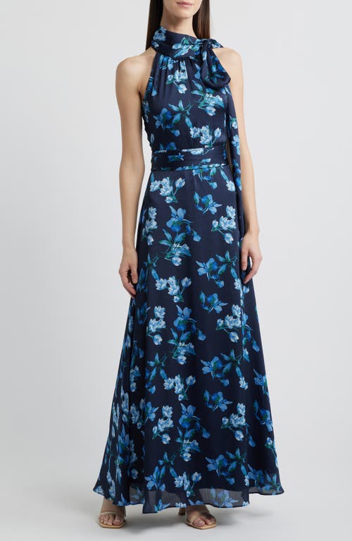 Sachin & Babi Kayla Floral Crinkle Georgette Halter Gown in Night Sky Venetian Petal 