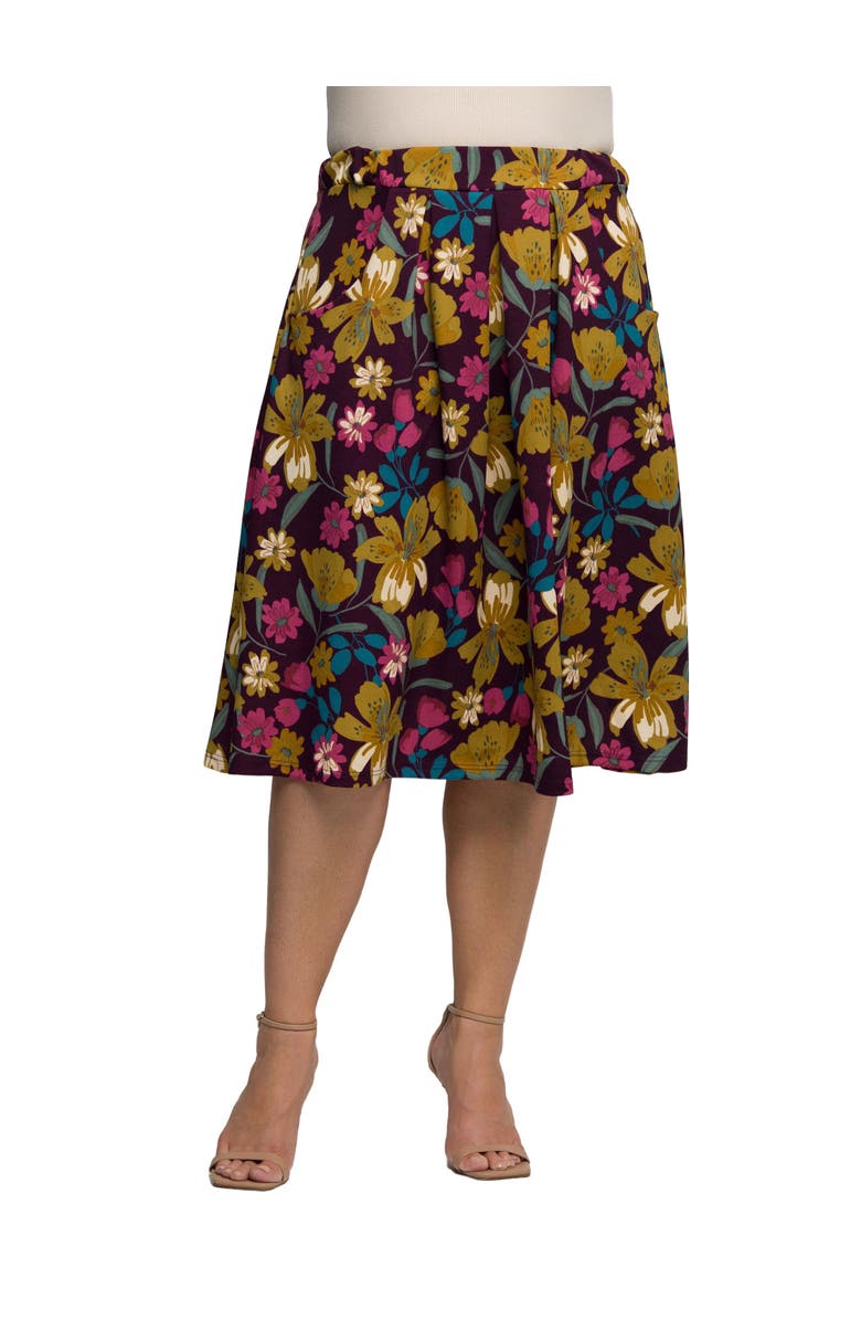 24seven Comfort Apparel Plus Size Purple Floral Elastic Waist Pocket Midi Skirt, Main, color, Purple Multi