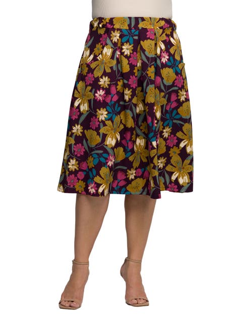 Plus Size Purple Floral Elastic Waist Pocket Midi Skirt