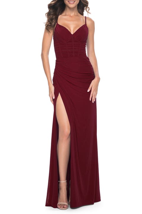 Net Jersey Fitted Dress with Ruched Bustier Top