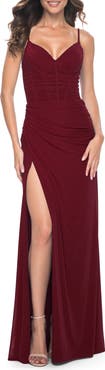 La Femme Net Jersey Fitted Dress with Ruched Bustier Top
