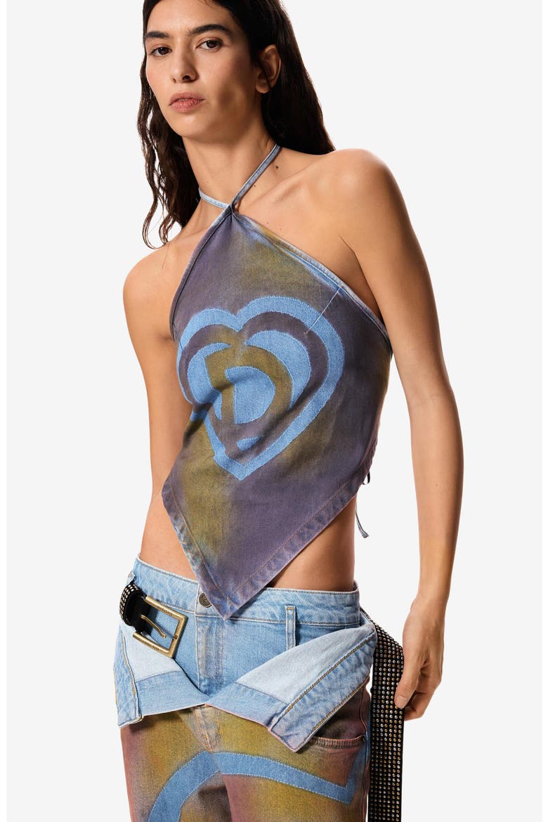 Halter Cotton Blend Denim Top, Alternate, color, NAVY/ MEDIUM BEIGE