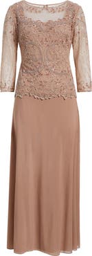 Pisarro Nights Pisaro Nights Beaded Mesh Mock Two-Piece Gown