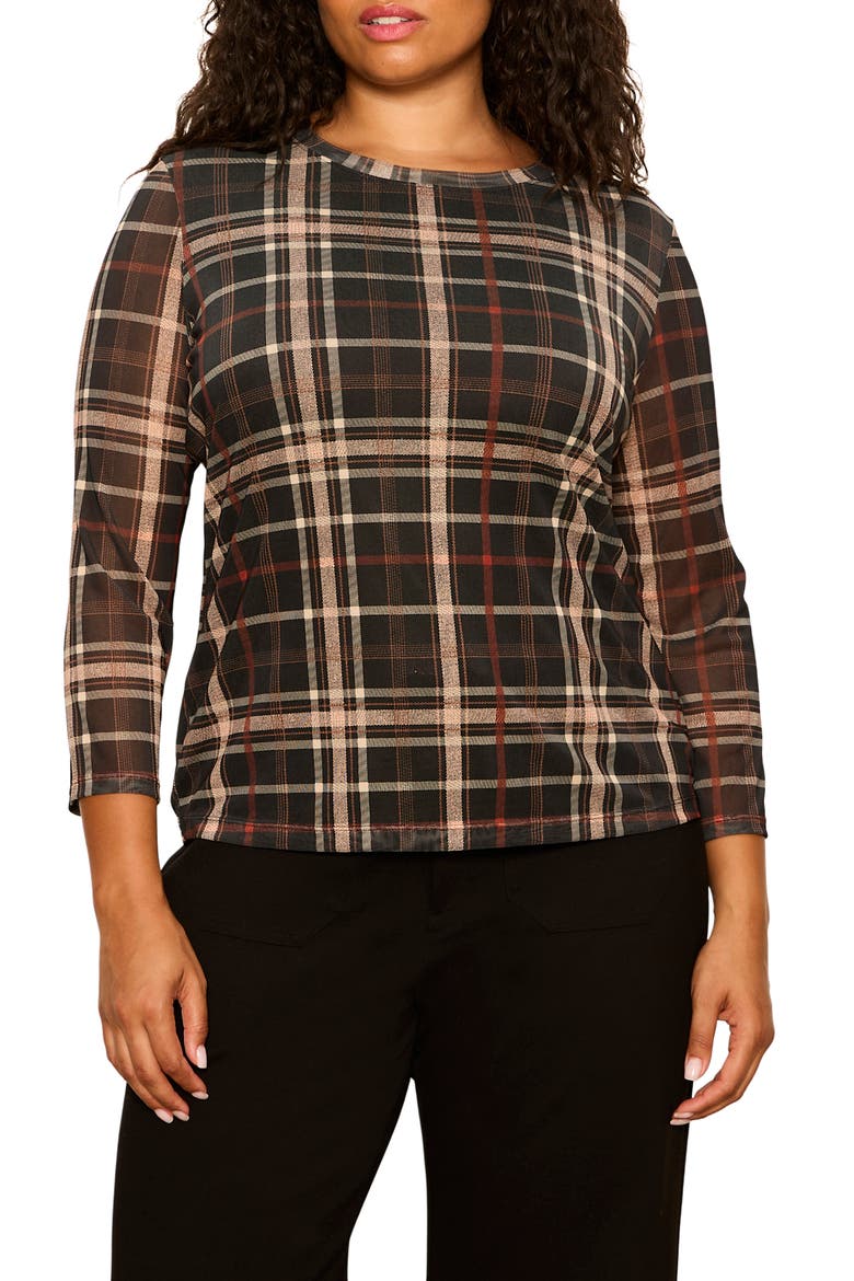 Plaid Mesh Three-Quarter Sleeve Top, Main, color, CINDER BROWN PLAID