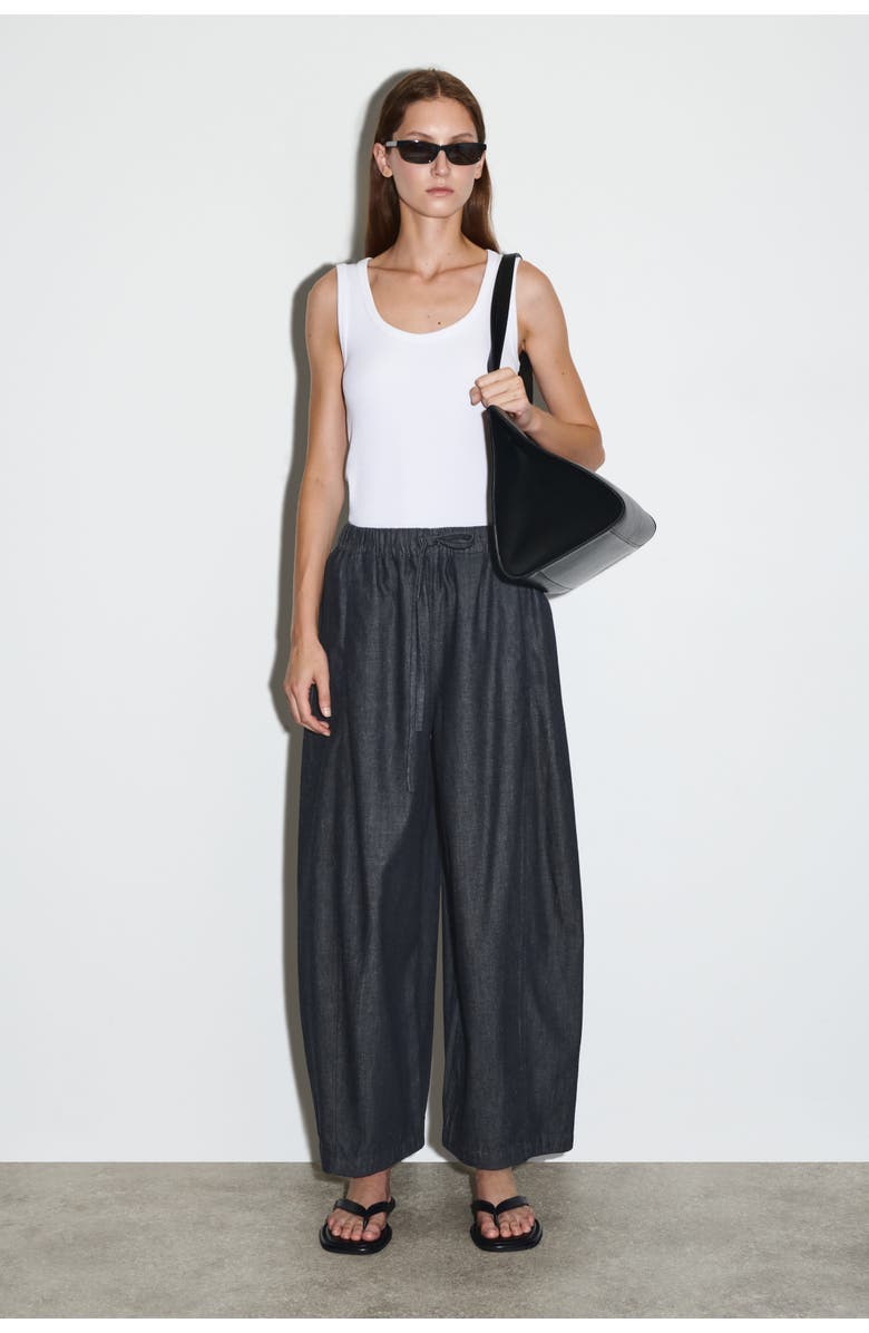 COS Barrel-Leg Denim Drawstring Pants, Main, color, Navy