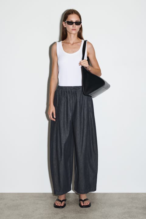 Barrel-Leg Denim Drawstring Pants