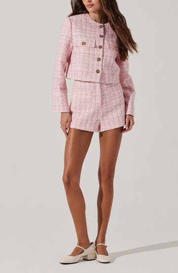 Faux Pearl Trim High Waist Tweed Shorts