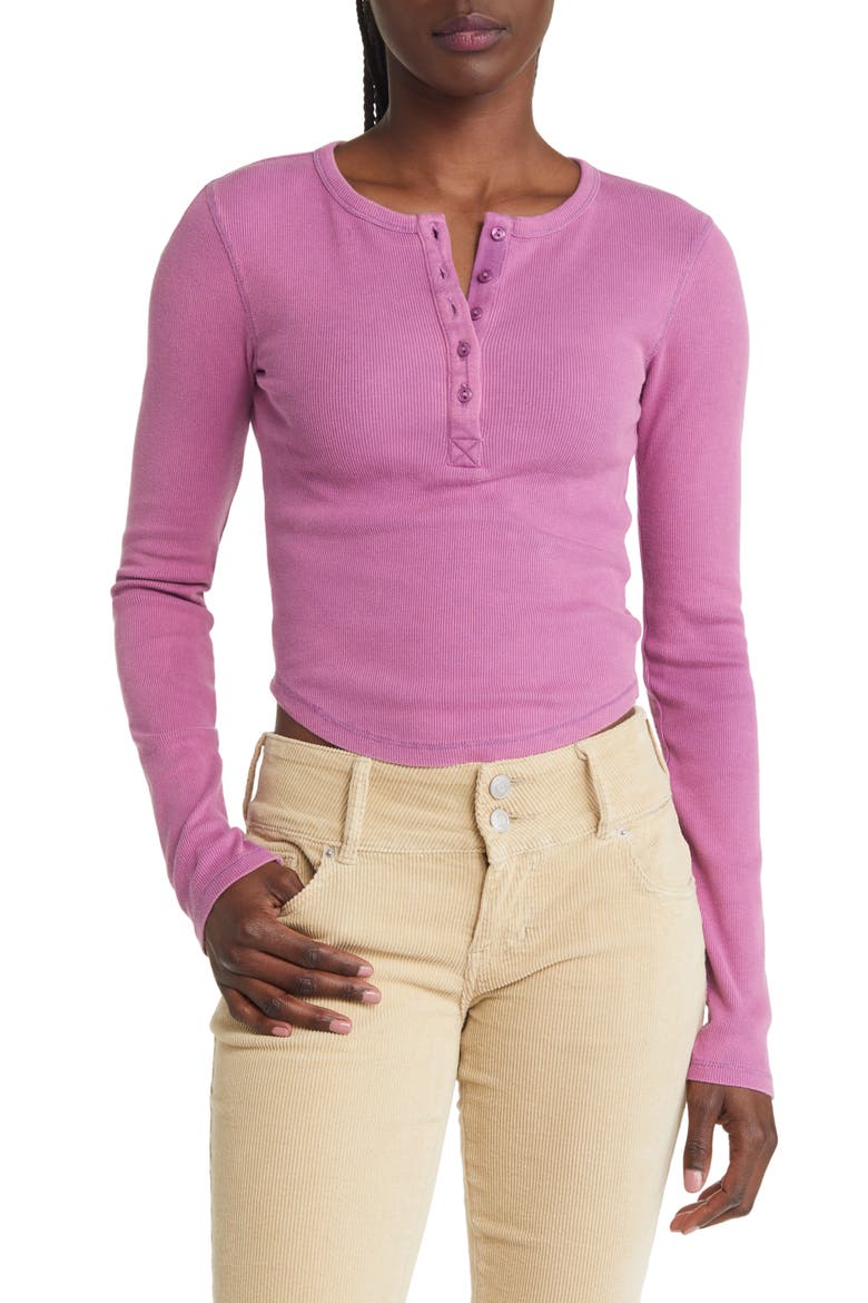 Acid Wash Placket Cotton Crop Henley, Main, color, PURPLE