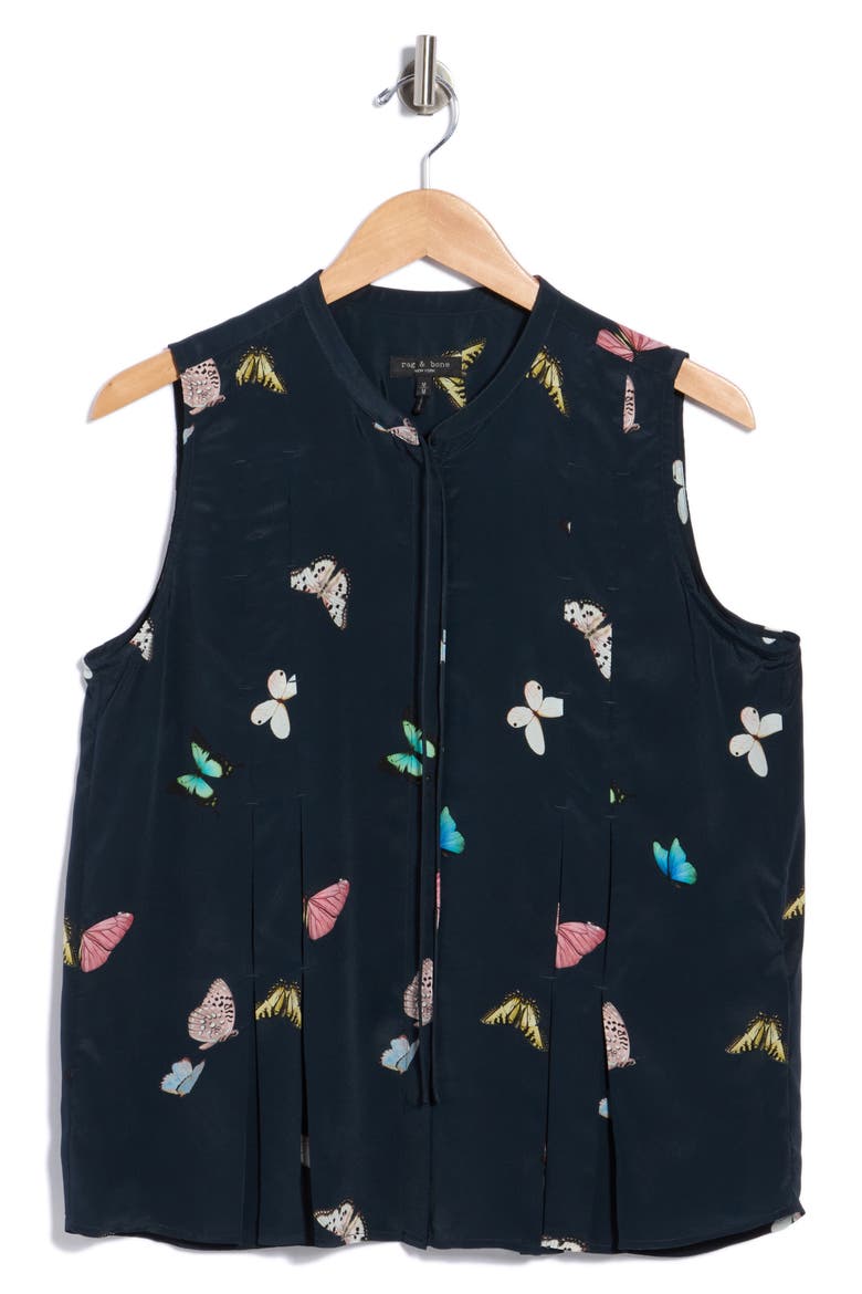 Arden Printed Pleated Sleeveless Silk Blend Top, Alternate, color, BLACK BUTTERFLY