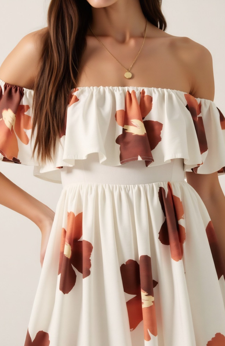 Modenaire Off-the-Shoulder Floral Ruffled Flared Mini Dress, Alternate, color, White / Brown Floral