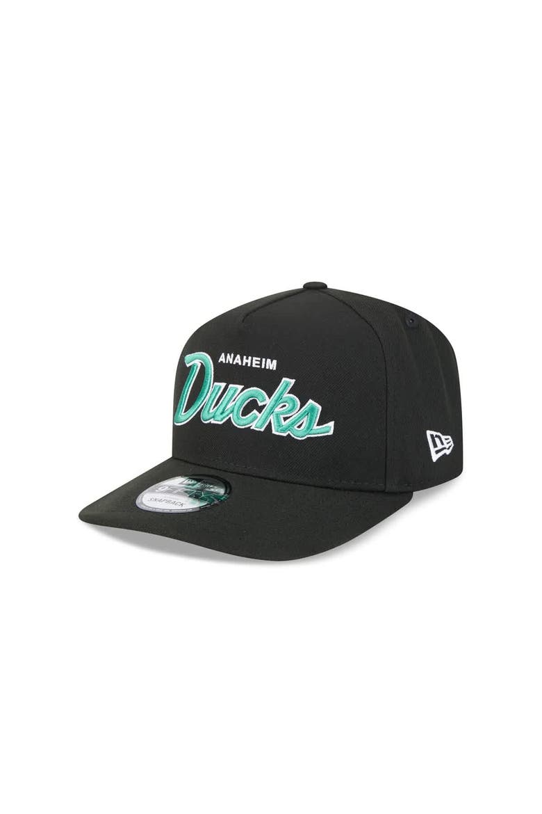 Men's New Era Black Anaheim Ducks Script A-Frame 9FIFTY Snapback Hat, Alternate, color, Black