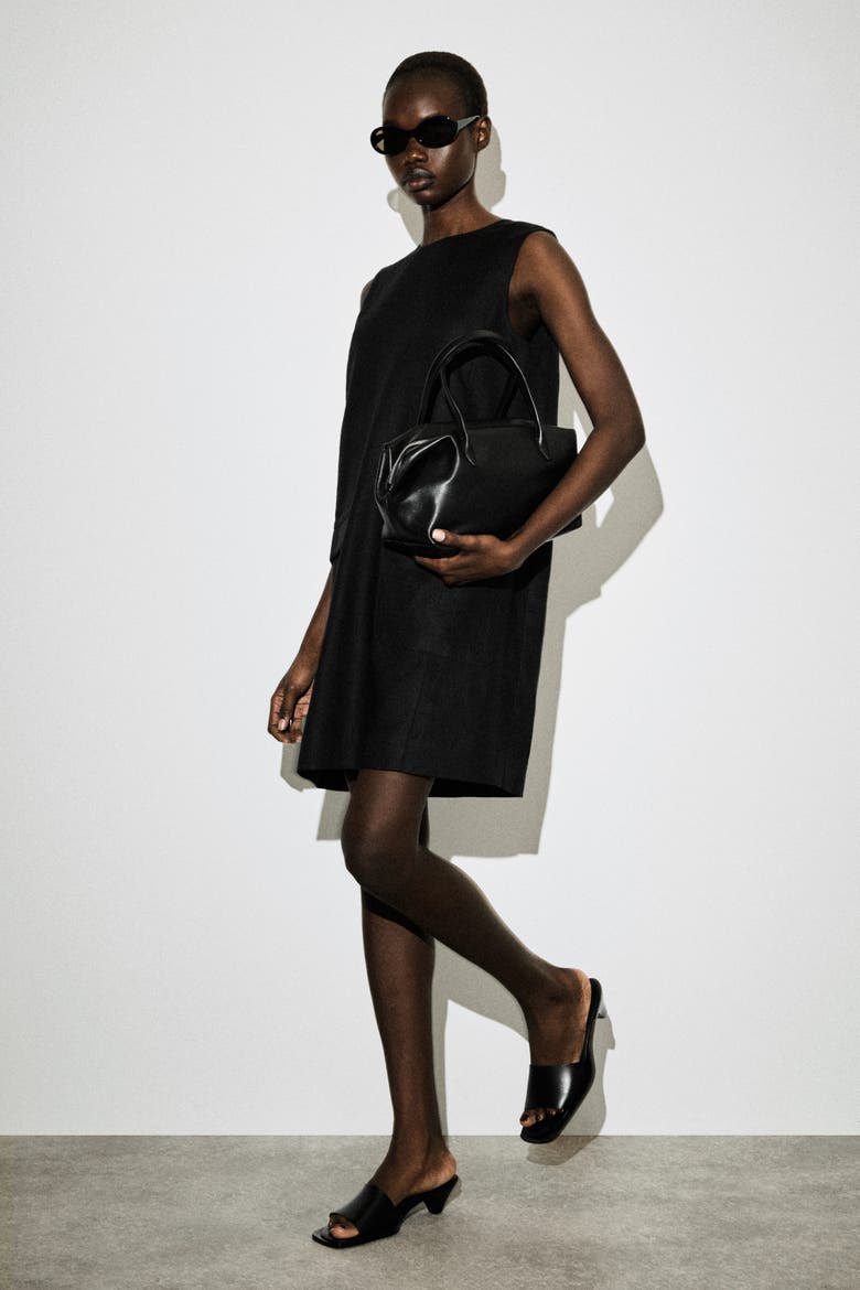Linen Mini Shift Dress, Alternate, color, BLACK