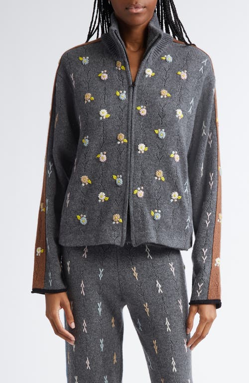 YanYan Daisy Embroidered Pointelle Lambswool Zip Cardigan in Charcoal 