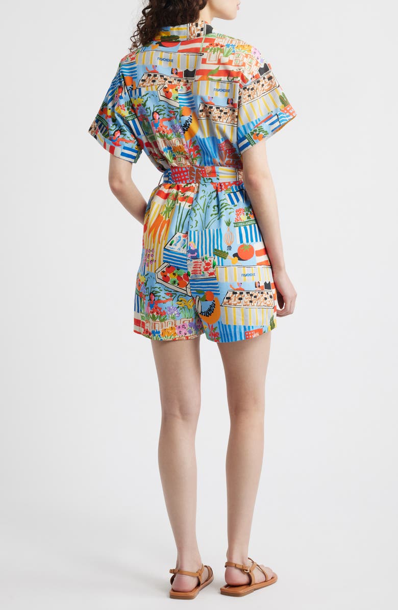 FRNCH Clemire Print Tie Waist Romper, Alternate, color, Marche Bleu