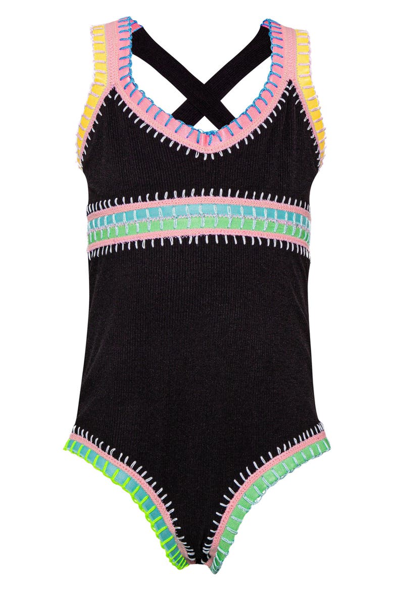 Kids' Sadie Rainbow Embroidered One-Piece Swimsuit, Main, color, BLACK PEARL