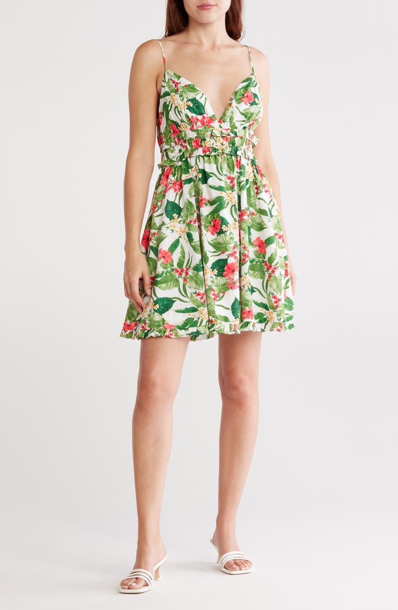 WAYF Shirred Linen Blend Minidress, Main, color, Hibiscus Tropical