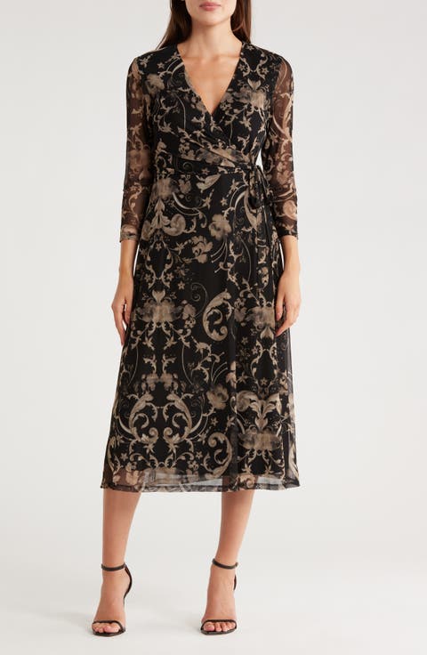 Long Sleeve Wrap Style Mesh Dress