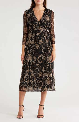 Connected Apparel Long Sleeve Wrap Style Mesh Dress