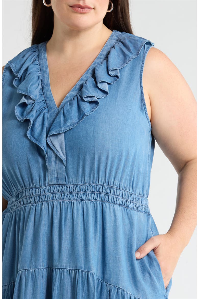 Ruffle Neck Sleeveless Chambray Midi Dress, Alternate, color, MEDIUM WASH