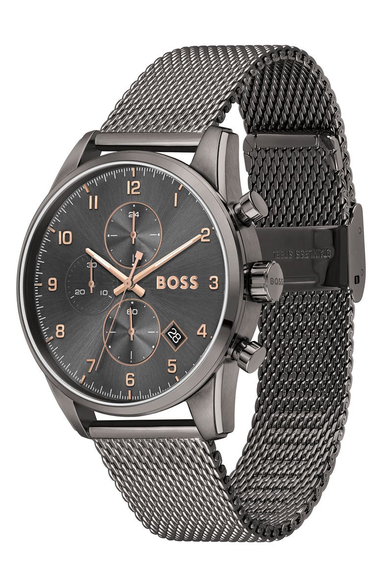 BOSS Skymaster Chronograph Mesh Strap Watch, 44mm, Alternate, color, 