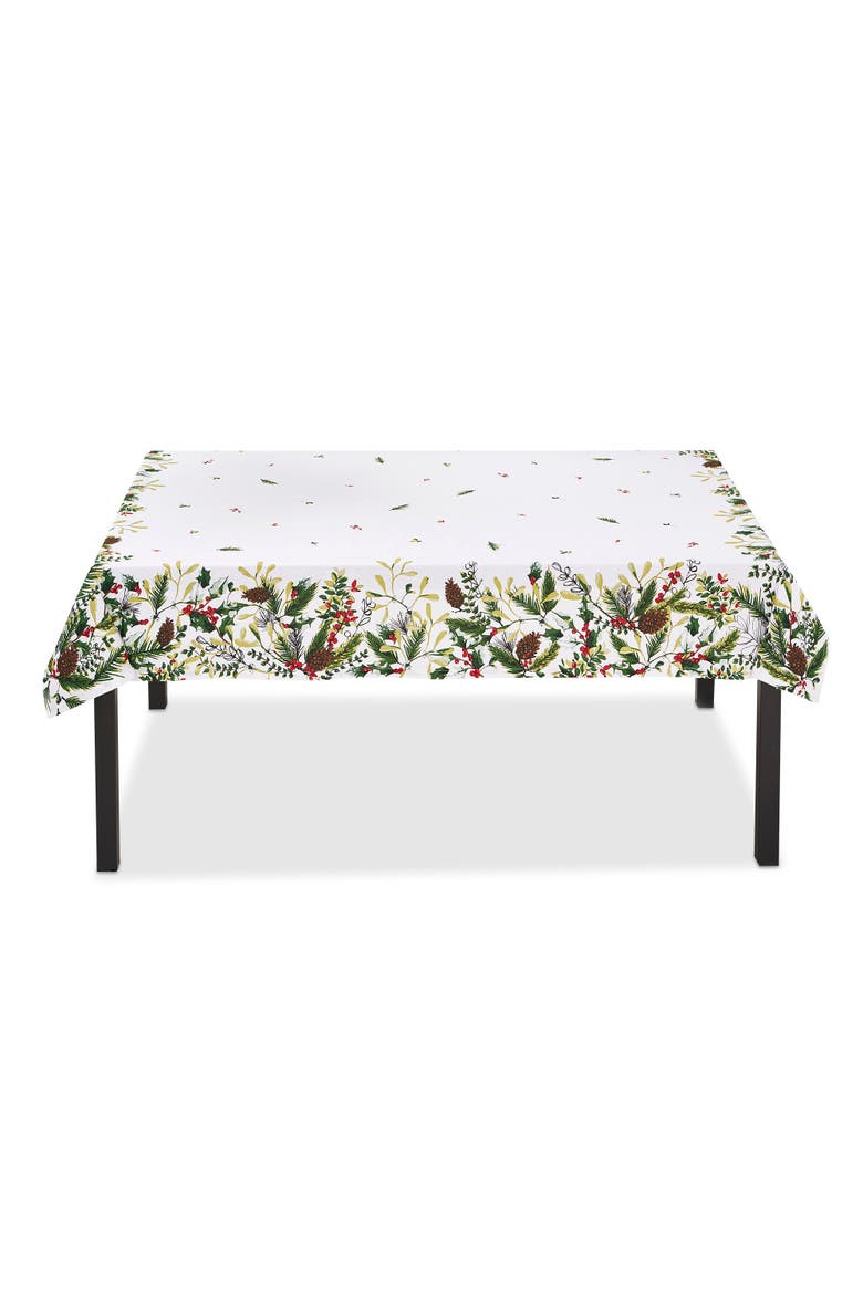 Winter Sprig Cotton Tablecloth Multicolor Christmas Design, Alternate, color, White