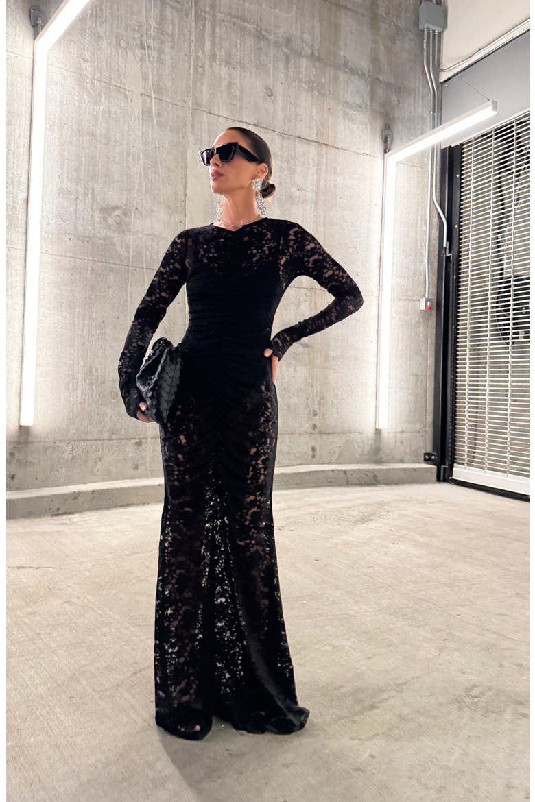 Jenima Long Sleeve Lace Mermaid Gown, Alternate, color, NOIR