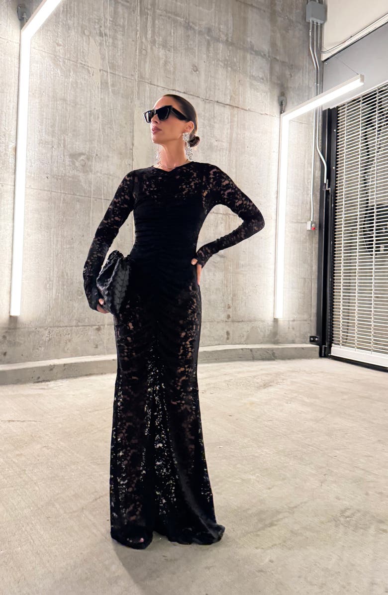 AFRM Jenima Long Sleeve Lace Mermaid Gown, Alternate, color, Noir