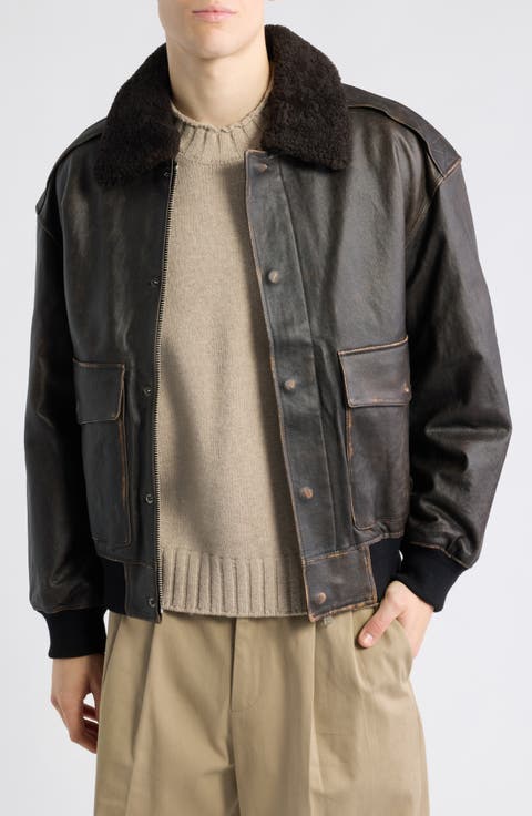 Genuine Shearling Detachable Collar A-2 Leather Bomber Jacket