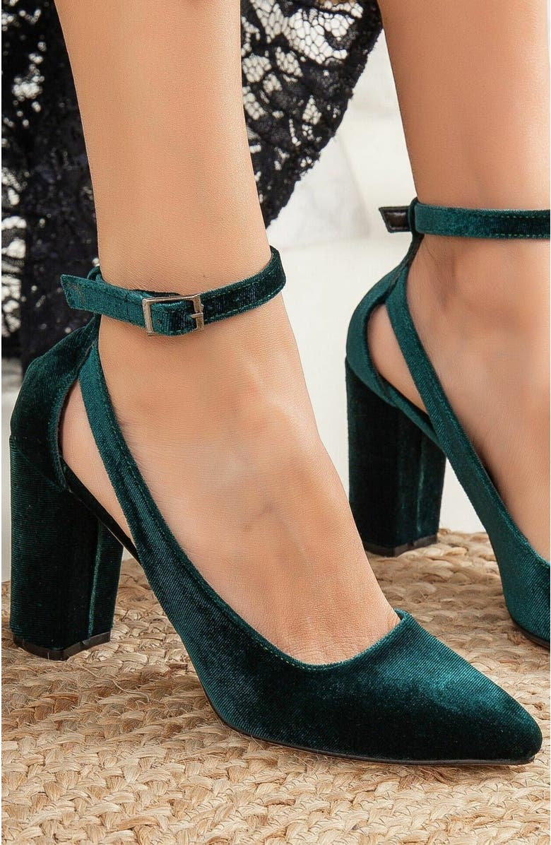Forever & Always Shoes Colette Pointed Toe High Block Heels, Alternate, color, Emerald Green Velvet