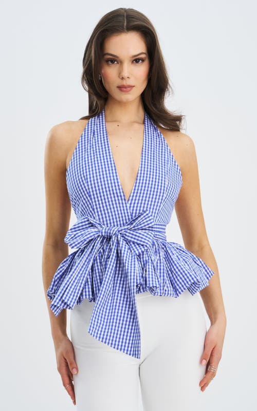 Miss Circle Ilene Checkered Bubble Hem Halter Top In Blue