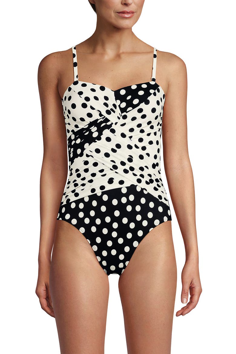 Slender Suit Shine Bandeau Tummy Control Chlorine Resistant High Leg One Piece Swimsuit, Alternate, color, Black/Egret Mixed Tossed Dots