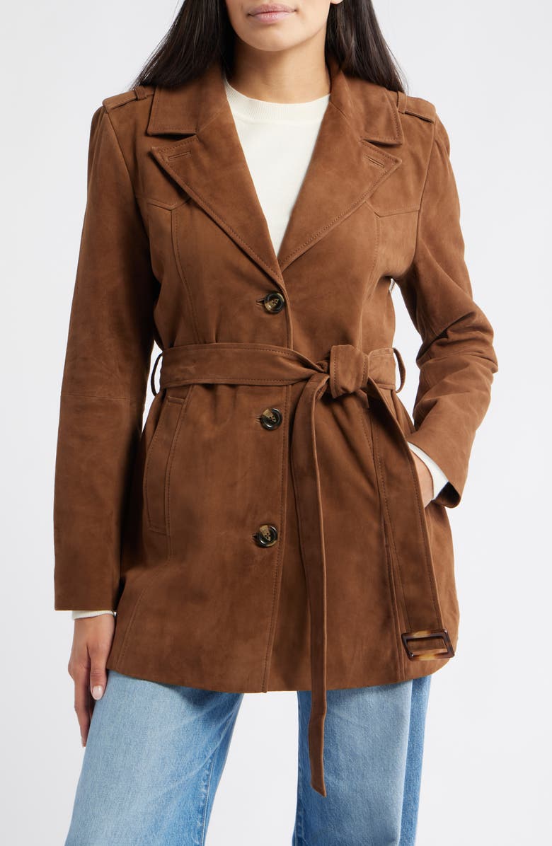 Bernardo Belted Suede Coat, Main, color, Chestnut